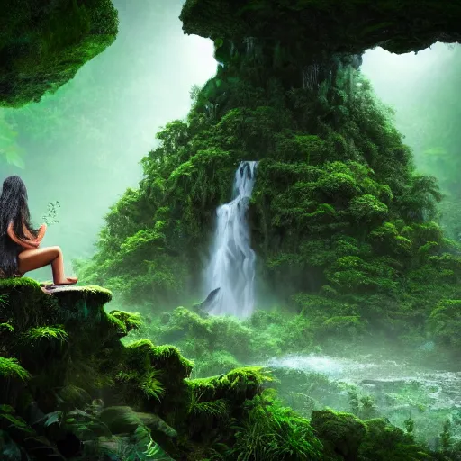 Prompt: Still of an elfish woman with gorgeous flowing hair in a hidden temple in a lush jungle, sitting on a cave rock, greenish atmosphere with detailed highlights, dark gloomy sky cascading upon the atmosphere, well-detailed ornate Elfish mountains in the background, trending on artstation, 4k, 8k