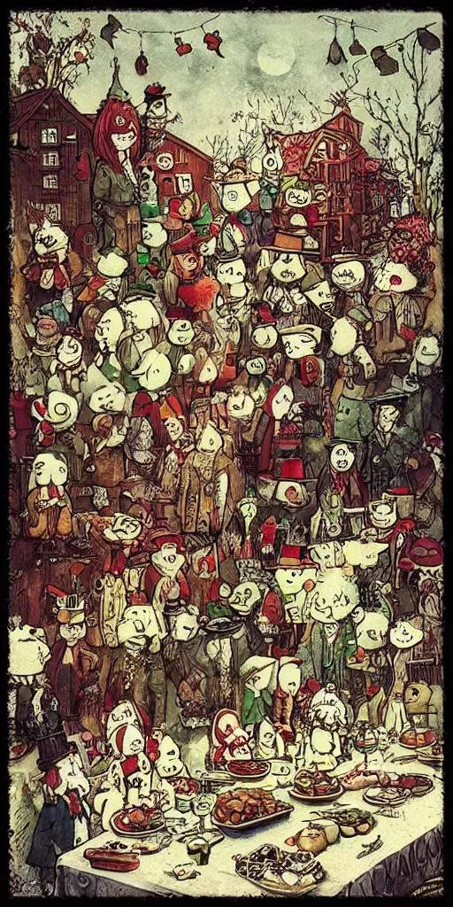 Image similar to a vintage thanksgiving scene by alexander jansson and where's waldo