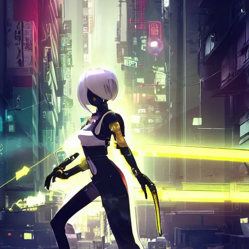 Prompt: Frequency indie album cover, luxury advertisement, yellow and white colors. highly detailed post-cyberpunk sci-fi close-up cyborg detective assassin girl in asian city in style of cytus and deemo, mysterious vibes, by Ilya Kuvshinov, by Greg Tocchini, nier:automata, set in half-life 2, beautiful with eerie vibes, very inspirational, very stylish, with gradients, surrealistic, dystopia, postapocalyptic vibes, depth of filed, mist, rich cinematic atmosphere, perfect digital art, mystical journey in strange world, beautiful dramatic dark moody tones and studio lighting, shadows, bastion game, arthouse