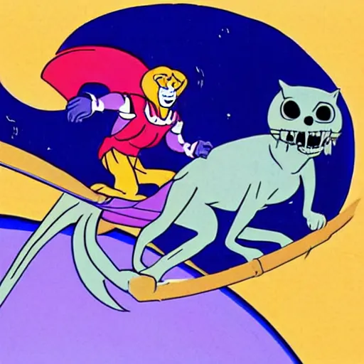 Image similar to skeletor from the he - man cartoon show riding an adorable black cat through outer space