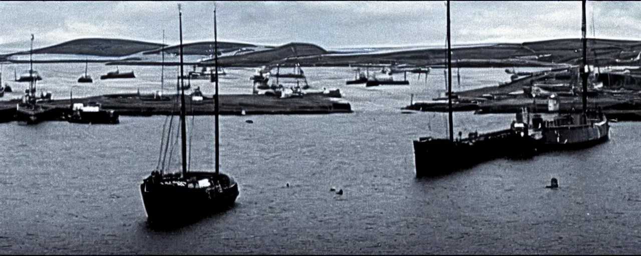 Prompt: the harbour at Stromness orkney, from Das Boot (1981), cinematic,