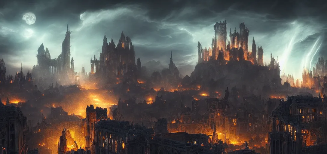 Image similar to view of an gothic city in ruins at night, crumbling castles, glowing dragons breathing fire, dramatic clouds, glowing fog, dramatic lighting, ultra detailed, sharp, ambient occlusion, raytracing, by greg rutowski, paul chadeisson and jessica rossier