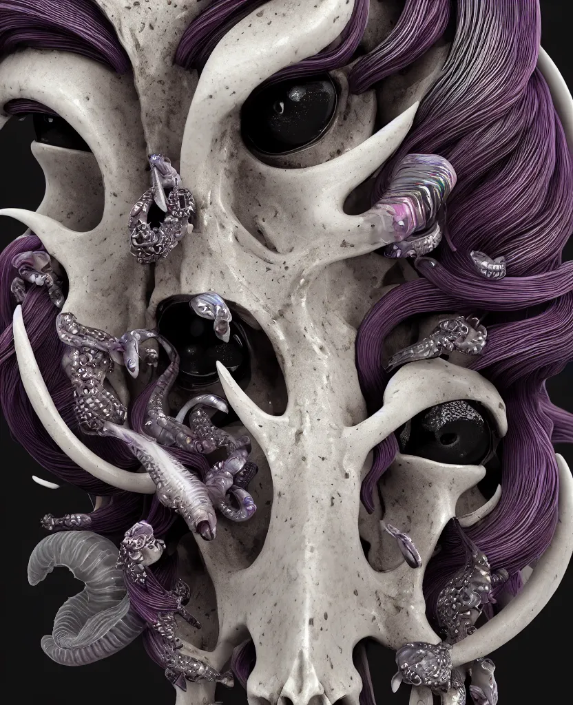 Image similar to goddess princess face close-up portrait ram skull. sculpture made of black and dichroic. jellyfish phoenix head, nautilus, orchid, skull, betta fish, bioluminiscent creatures, intricate artwork by Tooth Wu and wlop and beeple. octane render, trending on artstation, greg rutkowski very coherent symmetrical artwork. cinematic, hyper realism, high detail, octane render, 8k