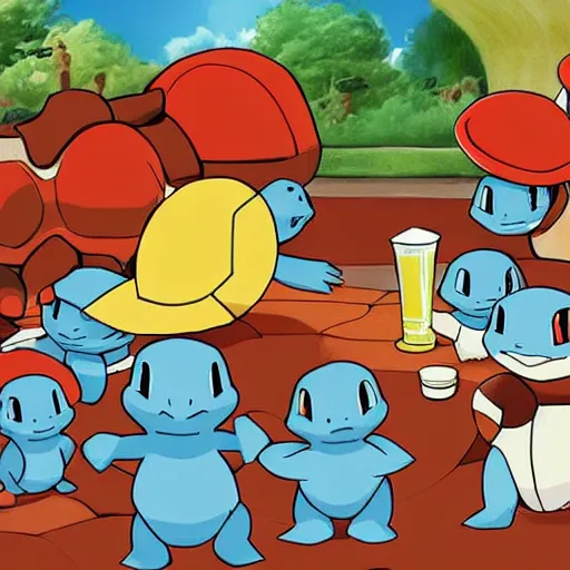 Prompt: a group of the squirtle pokemon having a beer