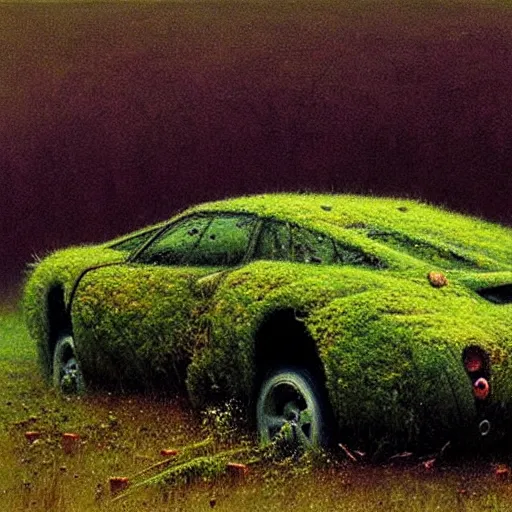 Image similar to hyper realistic painting of an abandoned Supercar covered with moss, an Australian summer landscape, by Zdzislaw Beksinski