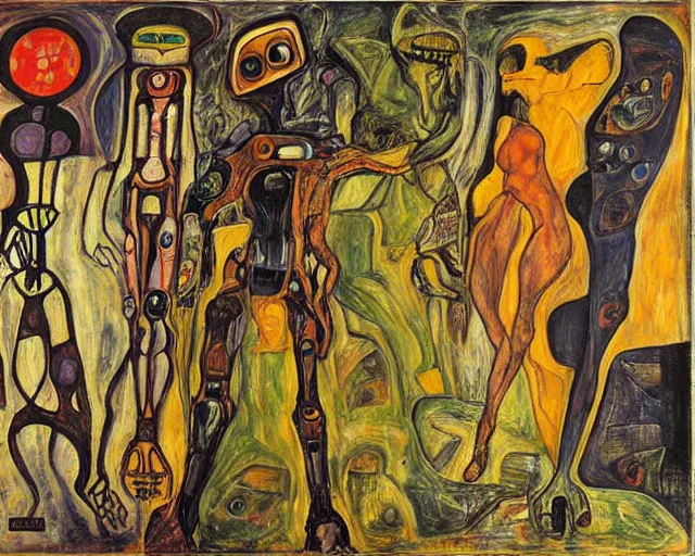 Image similar to a painting of a aliens and robots by graham sutherland, egon schiele, gustav klimt, guernica, expressionism