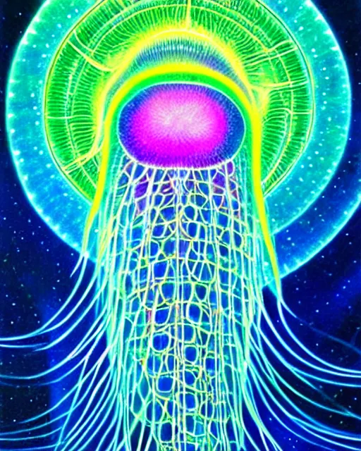 Image similar to detailed realistic geometric glow painting a jellyfish portal emitting light in the cosmos by alex grey symmetry underwater in the cosmos