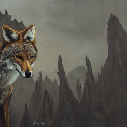 Prompt: coyote, elden ring boss, matte painting, detailed, elden ring, oil on canvas