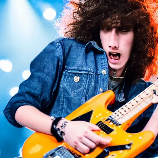 Image similar to 1 9 - year - old boy with shaggy, unkempt, permed hair, double denim, headbanging, playing electric guitar, heavy rock concert, 2 0 2 1 live in concert, streaming 4 k quality