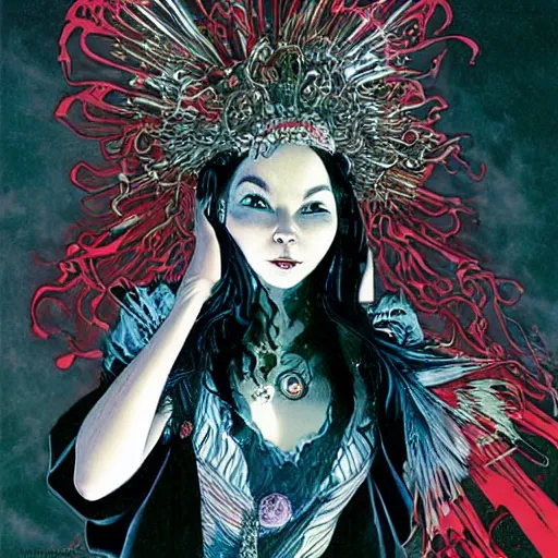 Image similar to portrait of crazy beautiful singer bjork as vampire, ymmetrical, by yoichi hatakenaka, masamune shirow, josan gonzales and dan mumford, ayami kojima, takato yamamoto, barclay shaw, karol bak, yukito kishiro