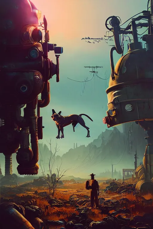 Image similar to beautiful matte painting of robot dog, apocalyptic fallout 7 6, steampunk, hyper realistic, gta 5 cover, artstation by jesper ejsing, by rhads, makoto shinkai and lois van baarle, ilya kuvshinov, ossdraws, feng zhu and loish and laurie greasley, victo ngai