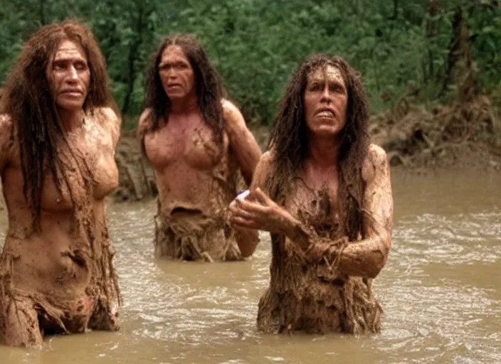 Prompt: 2 cavewomen mud wrestling t, movie still, from the movie quest for fire, 8 k, realistic