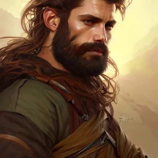 Image similar to Portrait of rugged male ranger, D&D, amber eyes, face, long hair, muscular, fantasy, intricate, elegant, highly detailed, digital painting, artstation, concept art, smooth, sharp focus, illustration, art by artgerm and greg rutkowski and alphonse mucha