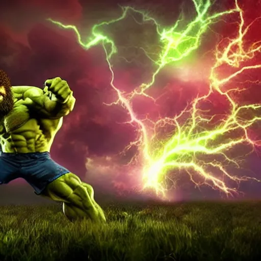 Image similar to photomanipulation of BOB ROSS as hulk, marvel, fully detailed, volumetric lightening, octane render