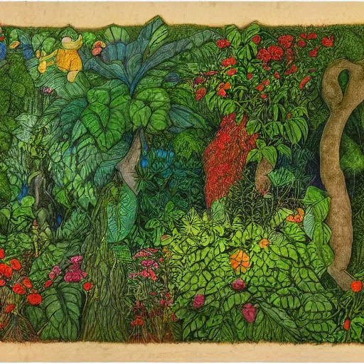 Image similar to jungle scene, leaves, vines, flowers, intricate details, volumetric lighting, vivid colors, panorama, Artwork by Elsa Beskow