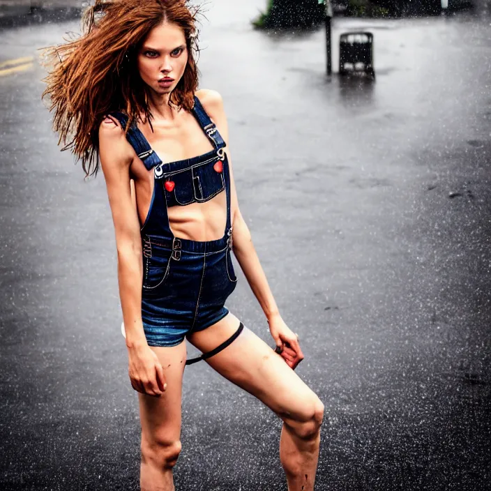 Prompt: fully body pose, photo of a very beautiful!! victoria secret model skull woman, overalls, short shorts, fishnets, combat boots, wet t shirt, raining, 8 k, hdr, smooth, sharp focus, high resolution, award - winning photo, trending on artstation, dslr, 5 0 mm