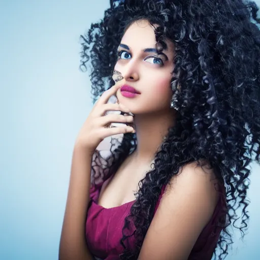 Prompt: award winning photo of a beautiful Indian girl with blue eyes and long curly hair. 8k, 4k, Nikon, shutterstock.