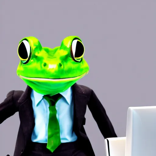 Prompt: picture of a frog in a suit at the office, he is behind a computer, 4K