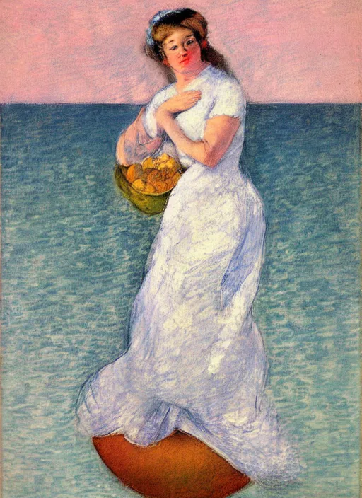 Prompt: vintage beautiful painting of a woman standing on a pear in the middle of the ocean in Mary Cassatt style