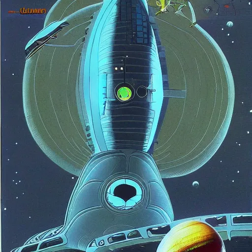 Prompt: spaceship starship outer worlds in FANTASTIC PLANET La planète sauvage animation by René Laloux