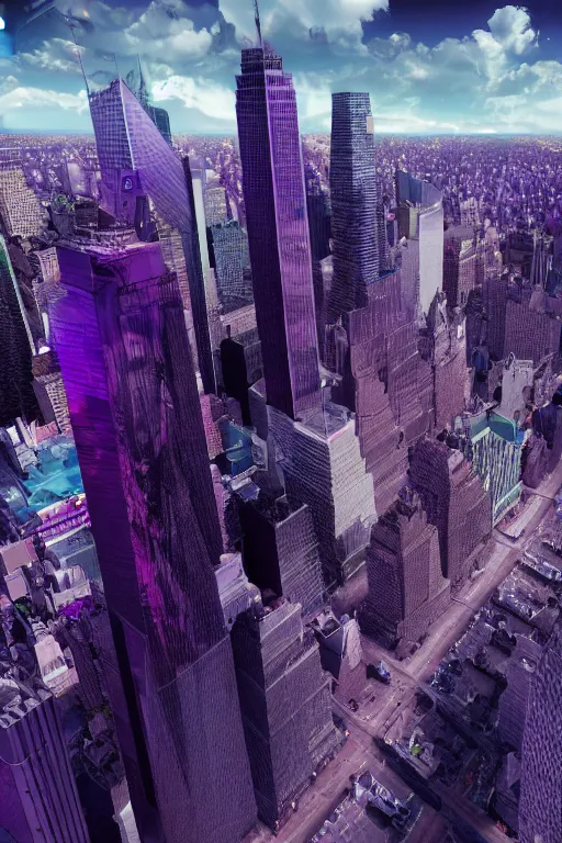 Prompt: a futuristic photo - realistic new york city in shiny crystalline, octane render, clouds : 5, violet sun : 9, purple lightening : 1 2, in the style of sahm : 2 8 hd, ultra - realistic, hyper - realistic, digital art,