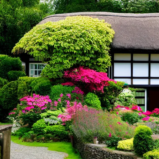 Prompt: photo of a cozy English cottage with Japanese roof, flower garden