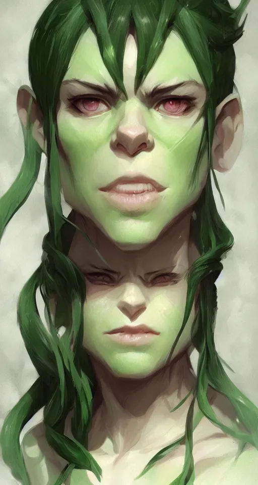 Image similar to green orc female, light green tone beautiful face by krenz cushart