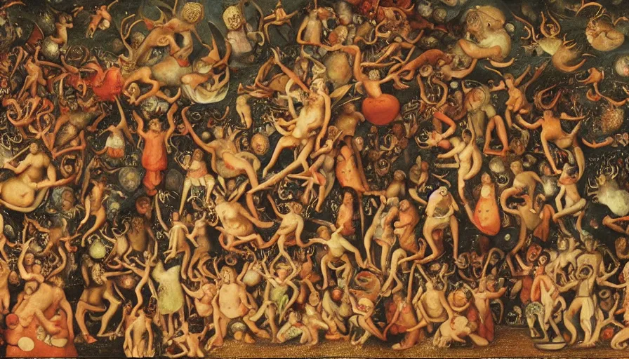 Prompt: johfra bosschart painting details of a bunch of people floating in heaven, bosch demons