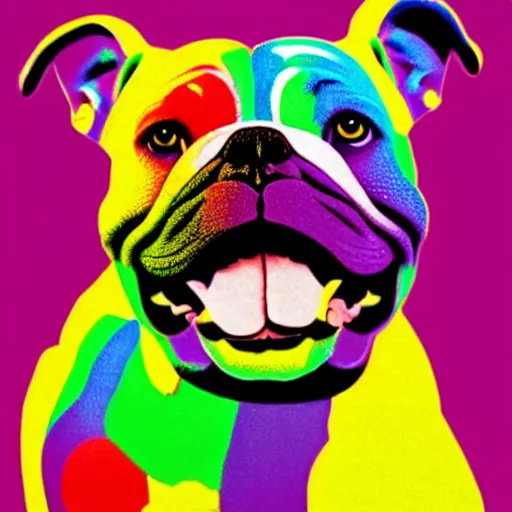 Prompt: rainbow excited smiling bulldog puppy. pop art.