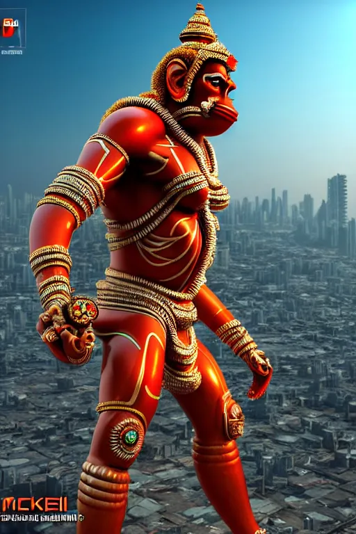 Image similar to high quality 3 d render cyborg hanuman! madhubani, highly detailed, cyberpunk!! mumbai in the background, unreal engine cinematic smooth, szukalski ravi varma, moody light, low angle, uhd 8 k, sharp focus