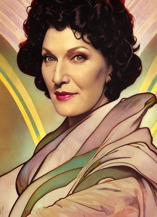 Prompt: a painting of majel barrett as lwaxana troi, space empress. beautiful art by artgerm and greg rutkowski and alphonse mucha