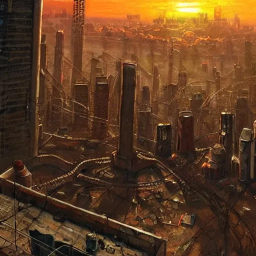 Image similar to post apocalyptic painting of city 1 7 from half - life 2. the citadel is shown towering over the city. highly detailed. painting by esao andrews