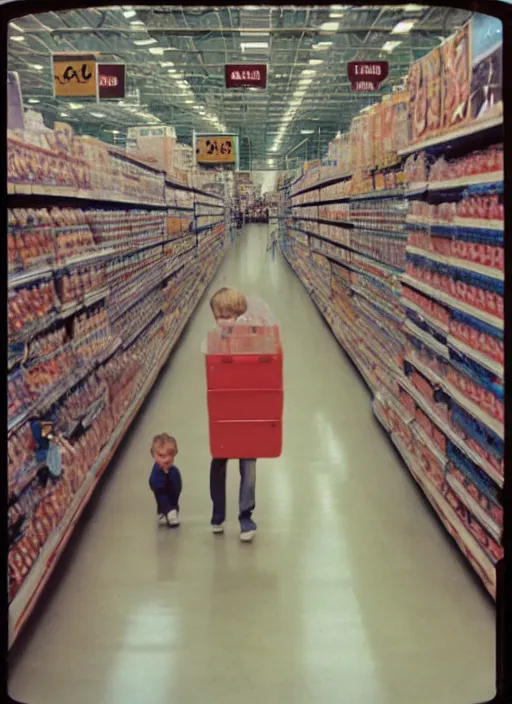 Image similar to first person view. walking through a costco in 1 9 9 7. blurry polaroid. simple composition. wes anderson