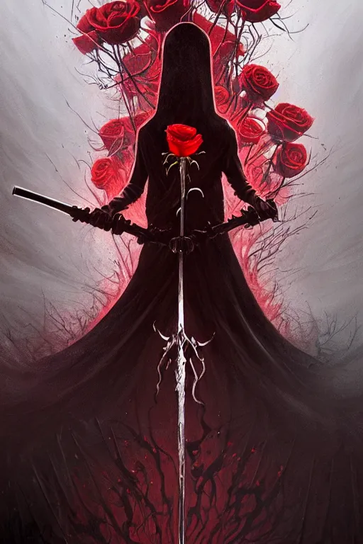 Image similar to poster style, a beautiful and terrifying painting with high details of a panoramic view of a reaper holding a long sickle, with red fluid white roses in the foreground, movie atmosphere, movie lights, 8 k, light effect, rtx on, trending on artstation, by kilian eng, lee madgwick, bastien lecouffe - deharme