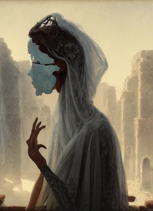 Image similar to close up of a veiled half scull mask girl on the ruins temple, looking at the camera very curiously, smog on the floor, extremely beautiful and aesthetic and attractive detailed face and body, chiaroscuro, dynamic pose, fantasy illustrations, by makoto shinkai and jeremy lipking and ferdinand knab