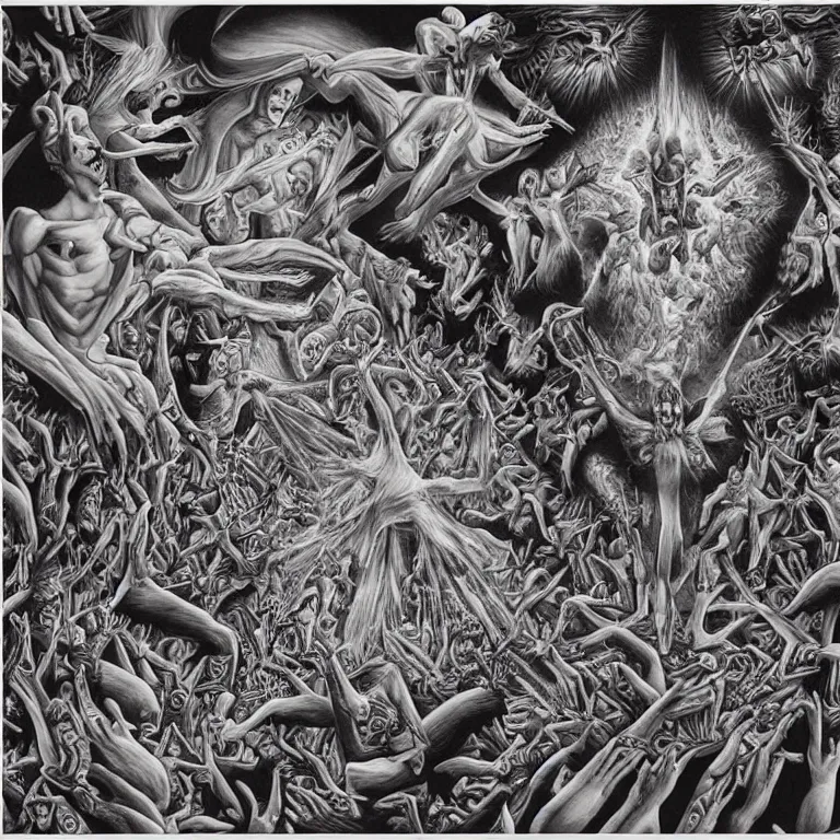 Image similar to transformation through death by Alex Grey and M. C. Escher collaboration