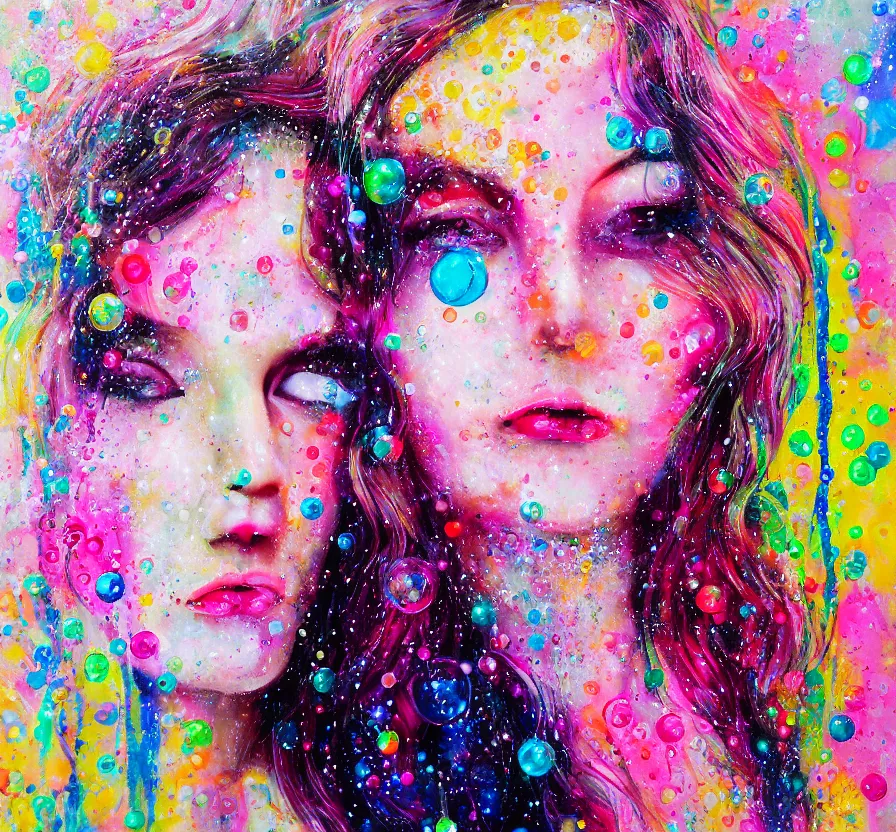 Image similar to beautiful woman, face, bubbles, bubble, watedrops, waterdroplets, acrylicpainting, acrylicpouring, painting, influencer