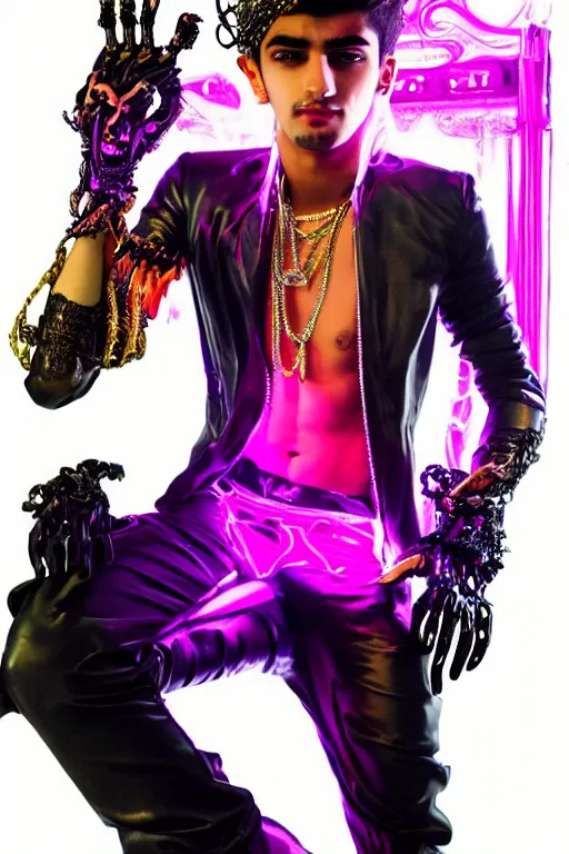 Prompt: full-body rococo and cyberpunk style neon statue of a young attractive Zayn Malik macho dotado e rico android sim roupa reclining con las piernas abertas e la piroca dura, glowing white lasers, glowing eyes, golden prince crown, black steampunk gears, pink diamonds, swirling mint-colored silk fabric. futuristic elements. black dripping tar. full-length view. space robots. human skulls. intricate artwork by caravaggio. Trending on artstation, octane render, cinematic lighting from the right, hyper realism, octane render, 8k, depth of field, 3D