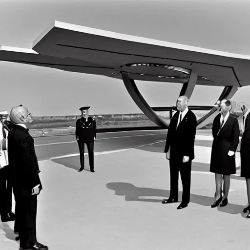 Prompt: The French President Charles de Gaulle inaugurating the first faster than life spaceship in 1969