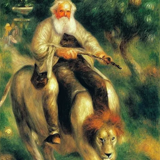 Image similar to old man ( wise long white beard wearing a hooded tunic ) riding on lions back by renoir