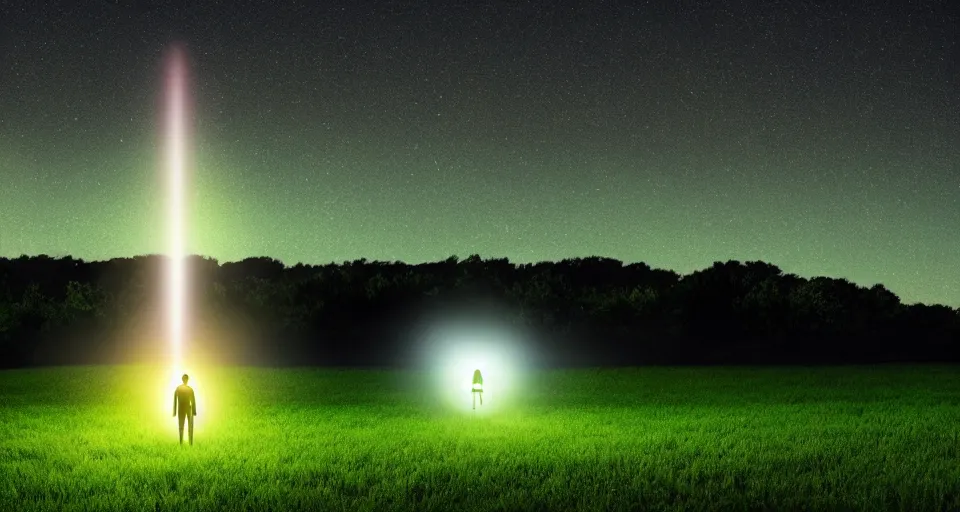 Prompt: Alien UFO abducting man in the middle of a field at night, atmospheric, illuminated by green tractor beam, cinematic landscape