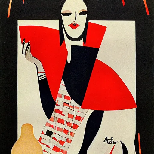 Prompt: advertisement for an autumn 1928 nail polish collection, art deco, roaring twenties, Alexander Calder