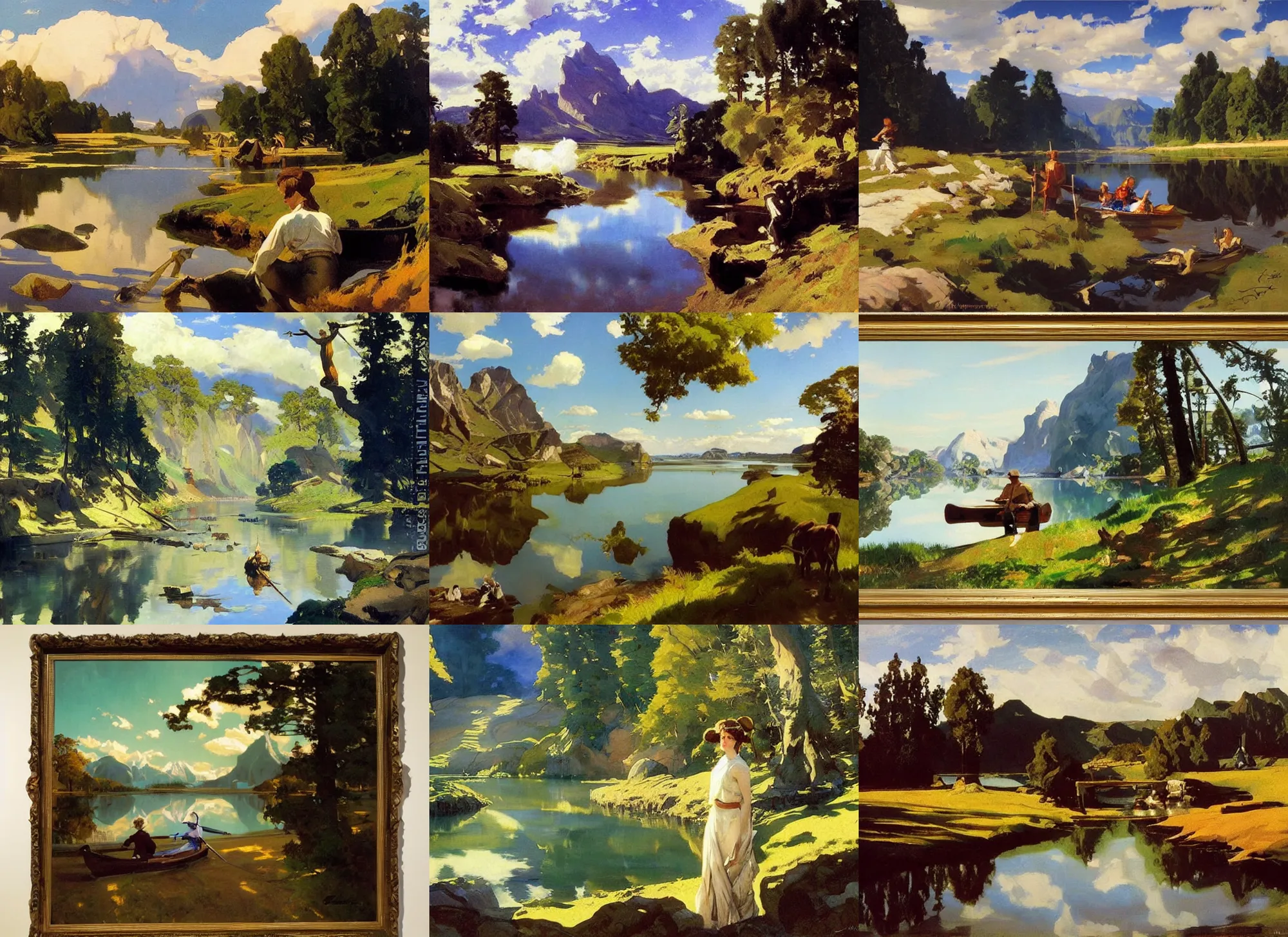 Prompt: painting by sargent and leyendecker and greg hildebrandt savrasov levitan polenov, studio ghibly mononoke, middle earth landscape, wide river and lakes masterpiece