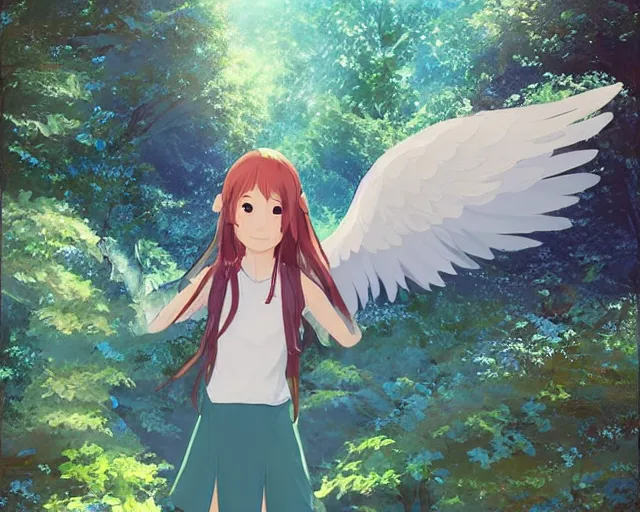 Prompt: a girl with two wings on her back in a forest. She has TWO wings on her back!!! Angel! Two blue wings!!By Makoto Shinkai, trending on ArtStation, digital art.