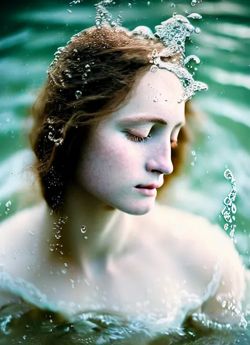 Image similar to Kodak Portra 400, 8K, soft light, volumetric lighting, highly detailed, sharp focus,britt marling style 3/4, Close-up portrait photography of a beautiful woman how pre-Raphaelites a woman with her eyes closed is surrounded by water + almost the entire face is immersed in water. a beautiful lace dress and hair are intricate with highly detailed realistic beautiful flowers , Realistic, Refined, Highly Detailed, natural outdoor soft pastel lighting colors scheme, outdoor fine art photography, Hyper realistic, photo realistic