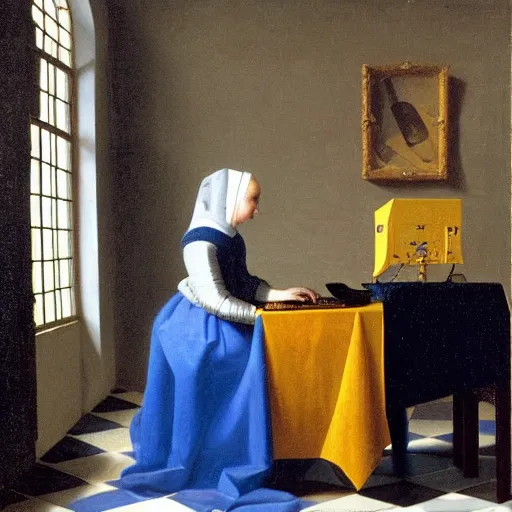 Prompt: painting of a royal female cosmonaut using a computer by Vermeer, Dutch Golden Age