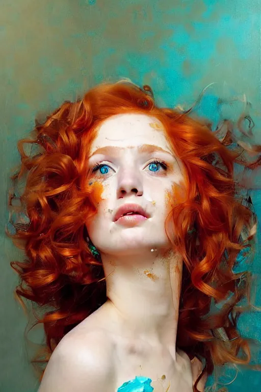 Prompt: hyper realistic painting portrait of a redhead girl with flowing curls and closed eyes, her skin is like gold and turquoise background, hyper detailed face by stjepan sejic, norman rockwell, michael hussar, roberto ferri and ruan jia