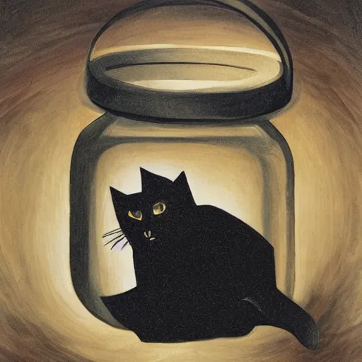 Prompt: a ominous black cat sleeping inside of a jar in the style of gehry and gaudi