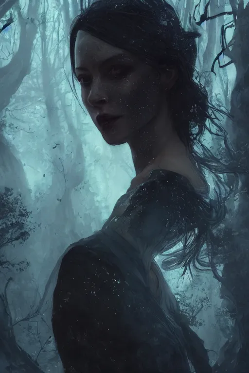 Prompt: a fancy close up illustrated portrait of a beautiful dark mage using magic in the forest by Greg Rutkowski, Sung Choi, Mitchell Mohrhauser, Maciej Kuciara, Johnson Ting, Maxim Verehin, Peter Konig, final fantasy , mythical, 8k photorealistic, cinematic lighting, HD, high details, atmospheric,