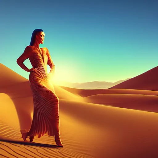 Prompt: innovative colorful avant-garde art, deco fashion, highly detailed, photorealistic portrait, serene desert setting, golden hour, crisp quality and light reflections, unreal engine 5 quality render